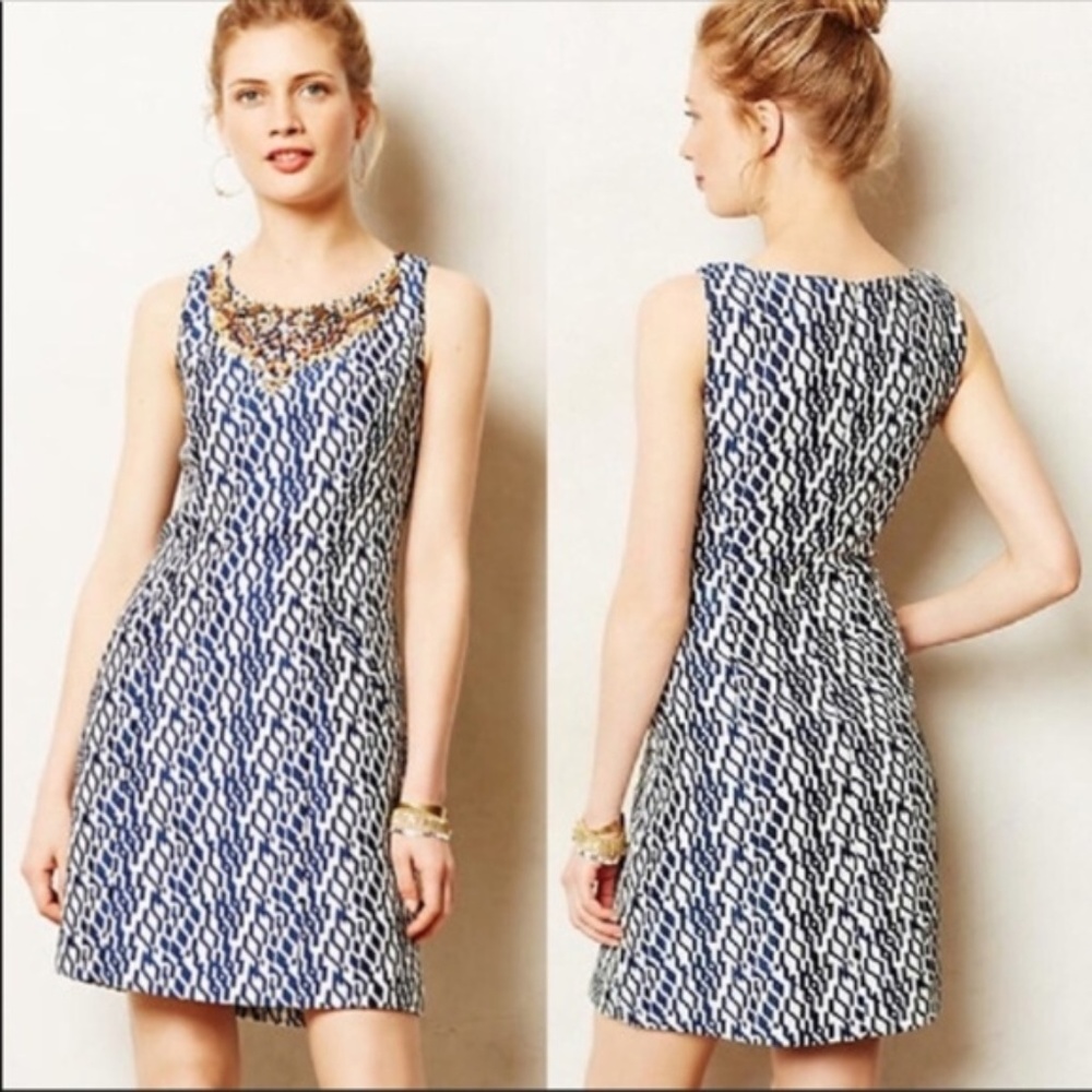 Anthropologie Moulinette Soeurs Blue & White Geo Printed Beaded Mini Dress
